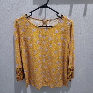 Soft Surroundings Women Mustard Floral Linen Blend Tunic Boho Back Keyhole sz PM